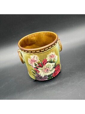 Vintage Floral Planter Czechoslovakia Pink Red Carnation Flowers Ceramic Footed